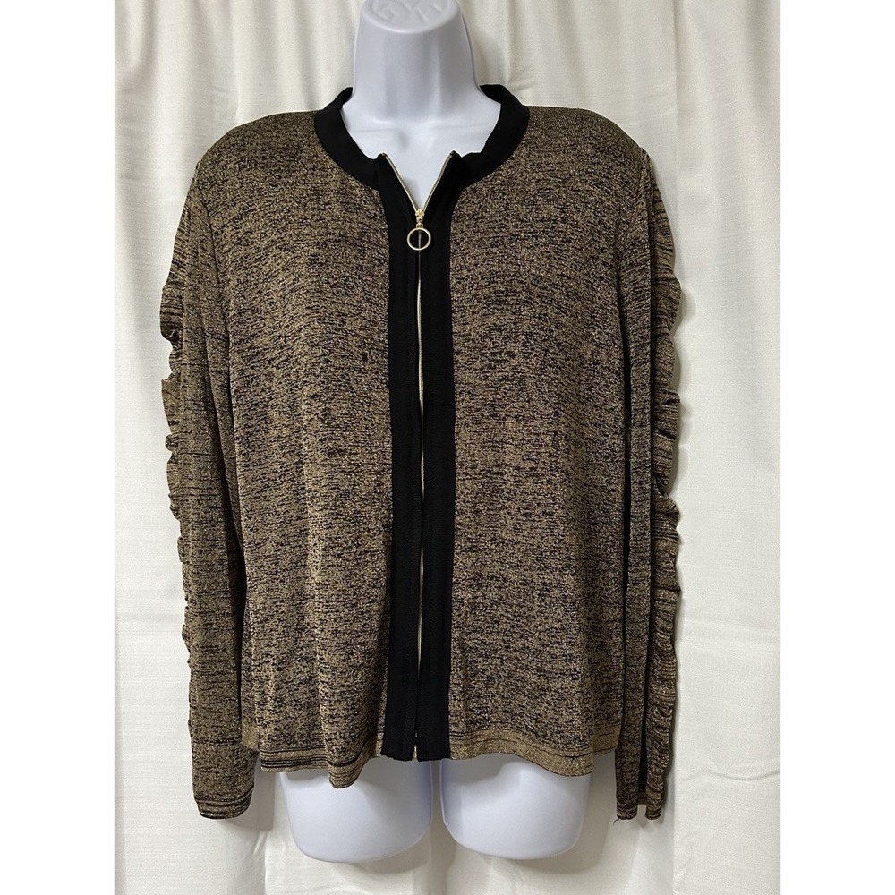Exclusively Misook Metallic Gold Black Ruched Zip Jacket L